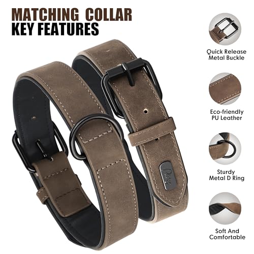 Image of Didog PU Leather Dog Collar and Leash Set, Soft Padded, Brown, Neck 18-22 inch
