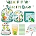 Amycute 83 pcs Vajilla de Fiesta de Dinosaurio, Set de Cubiertos Fiesta de Cumpleaños Infantil, Decoracion de Fiesta Dinosaurio con Pancarta Platos Vasos Servilletas manteles pajitas