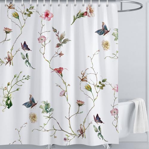 LIVETTY Shower Curtain Floral Shower Curtains 180x180cm Mould Proof Butterfly Fabric Bathroom curtain For Women & Men With 12 Hooks Washable Quick-Drying Curtains