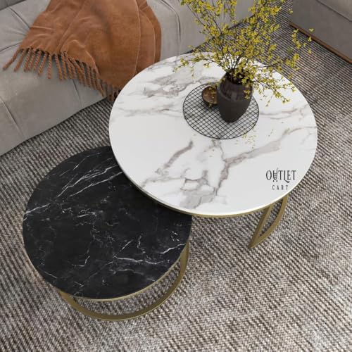 Image of 2-Piece Round Coffee Table Set | Marble Finish MDF Top with Golden Iron Frame | Modern Center & Side Table for Living Room, Bedroom & Small Spaces Gold -Black-White