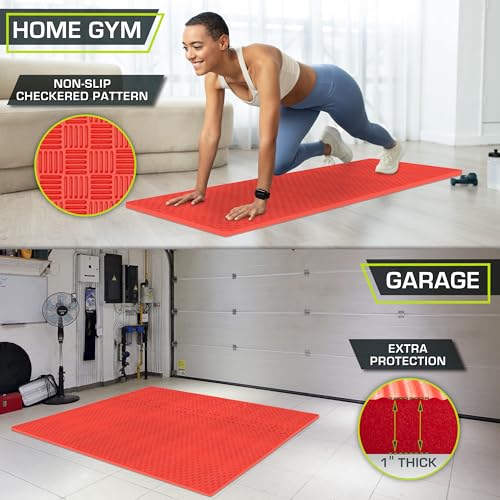 Image of ProsourceFit Exercise Puzzle Mat 1-inch, Checkered EVA Foam Floor Tiles w /Non-Slip Texture, Interlocking Design for Adjustable Gym Surfaces, Shock Absorbing, Red, 24 SQ FT - 6 Tiles