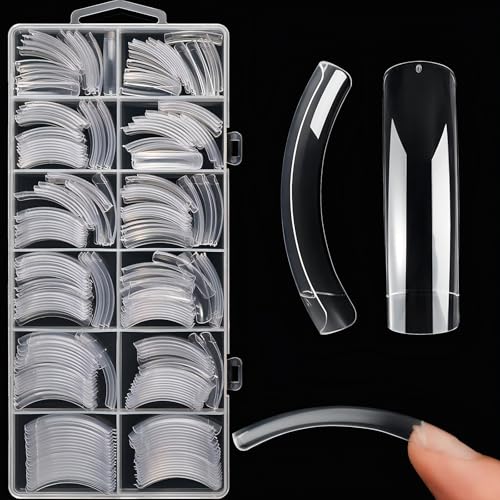 Curved Nail Tips Long Curved Press on Nails 12 Different Sizes C Curve Nail Tips Transparent Design Stylish and Simple Suitable for Nail Salon and DIY Art(240 PCS)
