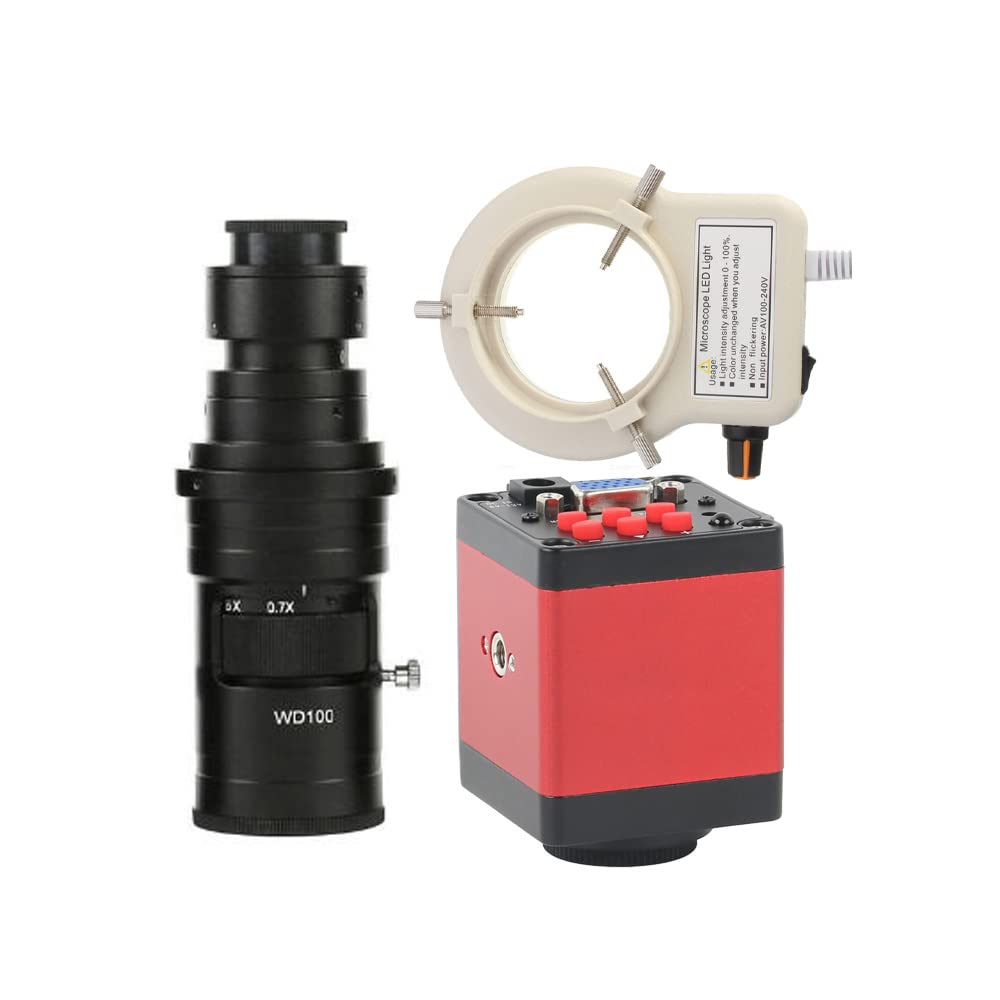 Cámara de microscopio de Video de reparación de Soldadura Industrial Digital de Laboratorio VGA HDMI de 14MP y Lente de Montaje en C 200X con Anillo de luz Ajustable de 56 LED - Rojo