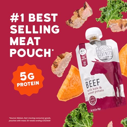Image of Serenity Kids 6+ Months Baby Food Pouches Puree Made With Ethically Sourced Meats & Organic Veggies | 3.5 Ounce BPA-Free Pouch | Grass Fed Beef & Ginger, Pea, Bell Pepper, Broccoli | 1 Count