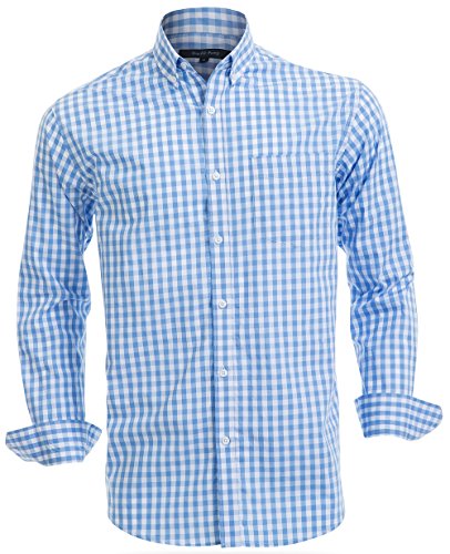 Double Pump Mens Button Down Shirts Cotton Long Sleeve Shirts Regular Fit, Light Blue Check-SL08A,3X-Large