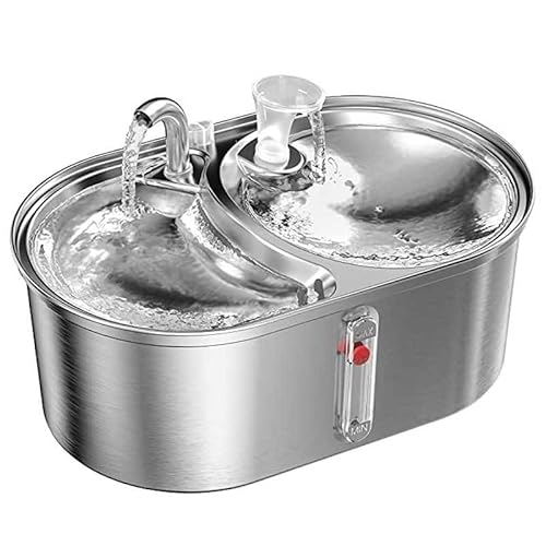 GarveeMore Wasserbrunnen für Katzen, 3,2 l, automatischer Wasserbrunnen aus Edelstahl mit Wasserstandfenster, Aktivkohlefilter, USB, leise, doppelter Ausgang, Brunnen für Katzen und HC