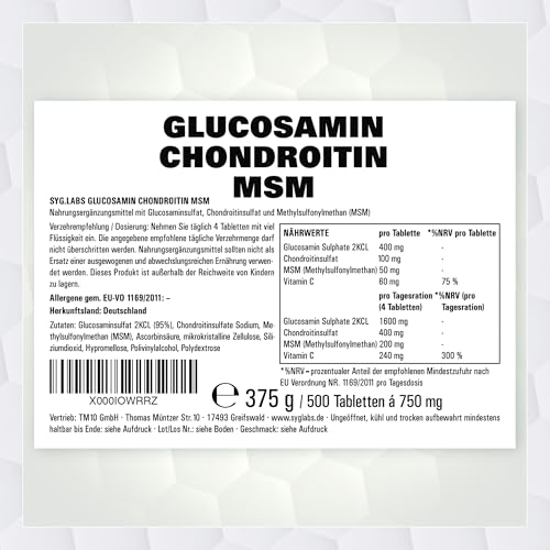 Glucosamin Chondroitin MSM + Vitamin C hochdosiert - 500 Tabletten für 4 Monate - laborgeprüft