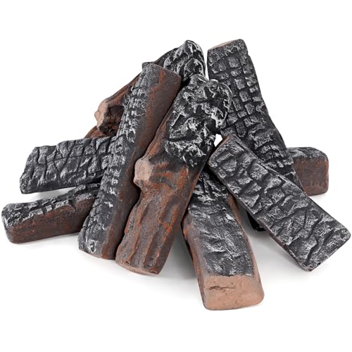 INNO STAGE Gas Logs Set - Realistic Ceramic Logs for Indoor/Outdoor Gas Fire Pits Fireplace Ventless Faux Fireplace Wood - Lightweight Fake Logs Decor (8Pcs-Carbon Black)