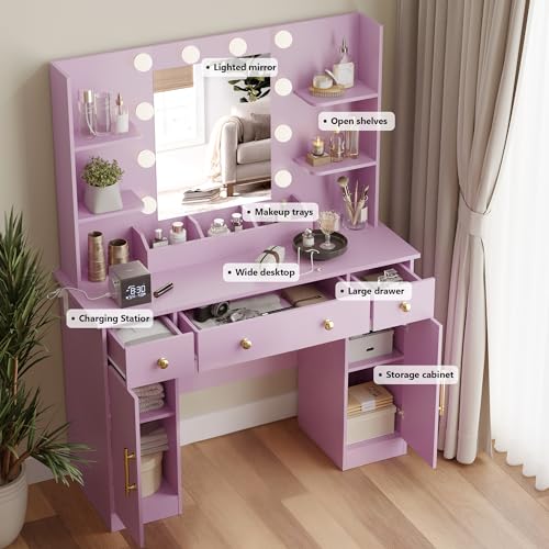 Image of Wodeer Makeup Vanity Desk with Mirror and Lights, 43 inch Purple Vanity Set with 3 Drawers, Power Outlet & Adjustable RGB LED Lights, Dressing Table with Storage Shelf for Women & Girls Bedroom