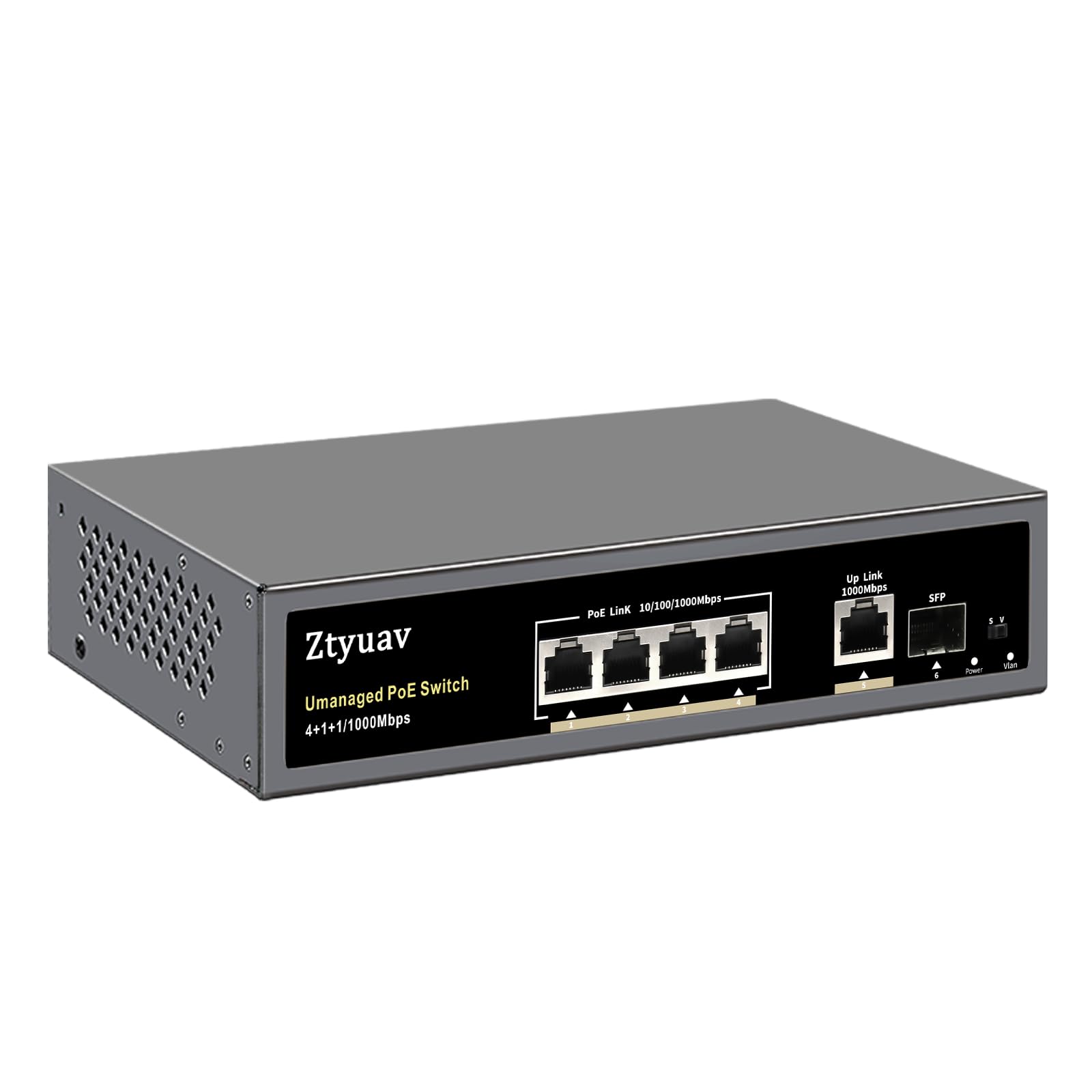 Ztyuav 6-Port Full Gigabit Unmanaged PoE Switch with 4 PoE+ Ports @75W, 1 Uplink and 1 SFP Slot-IEEE802.3af/at, PD Auto-Detection, VLAN Mode, 6KV Protection, Metal Fanless Plug and Play