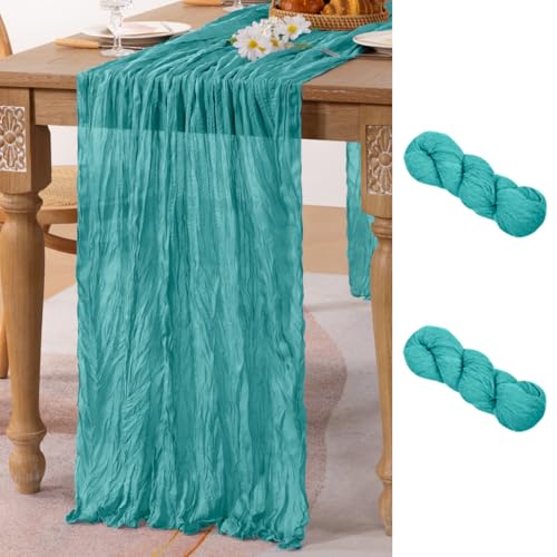 Image of MLMC 2 Pack Teal Table Runner 10ft Rustic Summer Cheesecloth Table Runner Gauze Cheese Cloth Centerpiece Decororations 35x120 Inches for Wedding Baby Shower Outdoor Picninc Decor