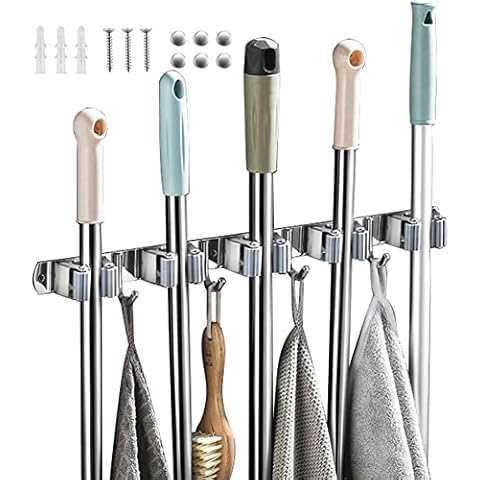 Bosszi Mop and Broom Holder, 4 Positions 5 Hooks Heavy Duty Mop Hanger Wall Mounted Stainless Steel Organizer for Home Laundry Bathroom, Garage Storage Systems Utility Tools Rack Cover