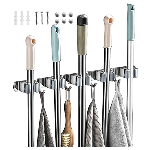 Bosszi Smiling Twins Broom Holder Mop Holder, SUS 304 Stainless Steel Brushed & Non-Slip Silicone Self-Adhesive Mounted Storage Racks with Human Body Spring Clip Design for Holding Tools (2-Pack)