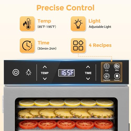 Image of Suteck 800W Food Dehydrator with 16 Trays for Jerky, Fruit, Veg, Meat | Stainless Steel, 4 Presets, Strong Dual Fans & 360 Airflow, 85F-195F, 48H Timer, Built-in Light, Quiet