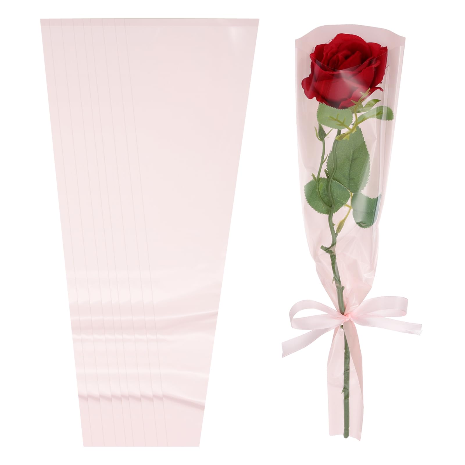 PATIKIL 100 Pack Flower Wrapping Bag, Light Pink Floral Packing Sleeves with Ribbons Cute for Bouquets Wedding Birthday Graduation Anniversary Arrangement Gift, 17.7"x4.7"x1.2"