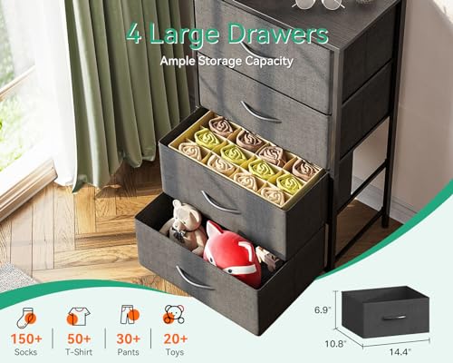 AODK Dresser for Bedroom with 4 Storage Drawers, Small Dressers Chest of Drawers Fabric Dressers with Sturdy Steel Frame, Dresser for Closet with Wood Top, Dark Grey