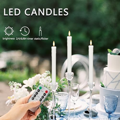 Image of Dripless Flameless Taper Candles with Rmote, 9.6 inch Real Wax Battery Operated Candles with 3D Wick, 3 Pack Led Candle Flickering Candlesticks for Home, Wedding, Party, White