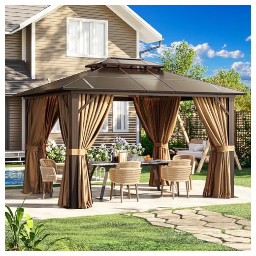 Jolydale 10'x12' Hardtop Gazebo, Double Roof Gazebo, Aluminum Frame Permanent Pavilion with Netting and Curtains, Outdoor Polycarbonate Gazebo, for Patios, Gardens, Lawns