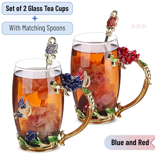 BTaT- Floral Glass Tea Cups with Spoon Set, Pack of 2, 11 oz, Blue & Red, Butterfly & Flower Design with Gift Box, Fancy Tea Cups, Dishwasher Safe, Christmas Gifts