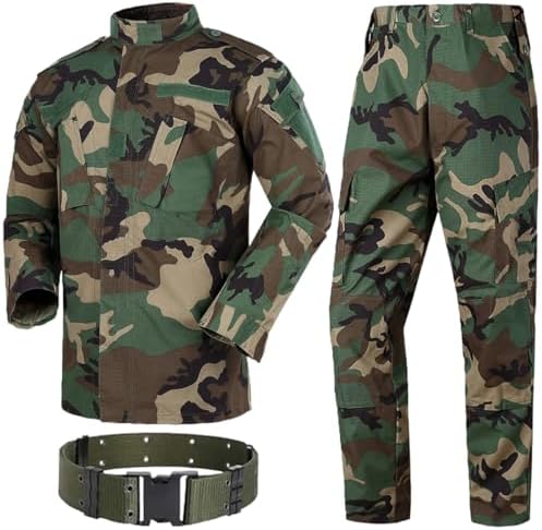 H World Shopping mens Military Tactical Hunting Combat BDU Uniform Shirt Pants Belt Woodland Suit, Woodland Camo, Small