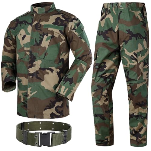 H World Shopping Military Tactical Mens Hunting Combat BDU Uniform Suit Shirt & Pants with Belt Woodland