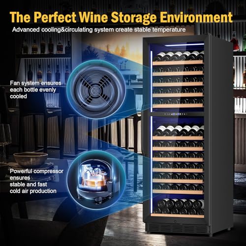 Image of Wine Fridge Dual Zone, Freestanding Wine Cooler Refrigerator 180 Bottles Large Capacity with Sliding Rail Wooden Shelves and Door Lock, Black