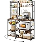 Baker Rack with Power Outlet - Microwave Stand with Storage, Large Coffee Bar Station with 14 Hooks, Metal Kitchen Shelf Rack for Spices, Pots (Rustic Brown)