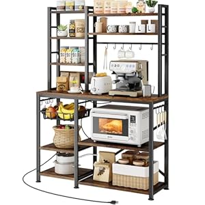 Baker Rack with Power Outlet – Microwave Stand with Storage, Large Coffee Bar Station with 14 Hooks, Metal Kitchen Shelf Rack for Spices, Pots (Rustic Brown)