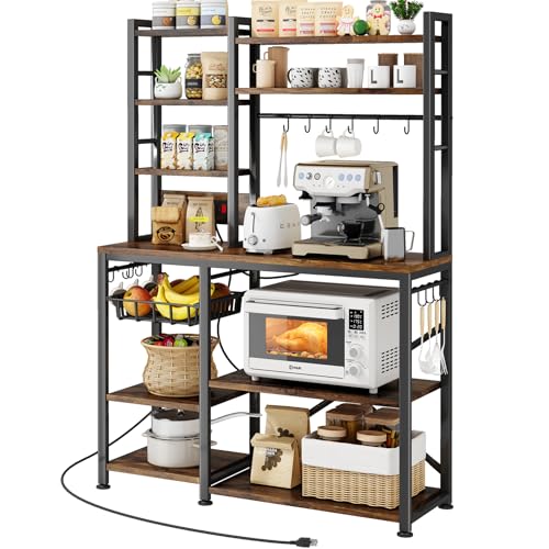 Baker Rack with Power Outlet – Microwave Stand with Storage, Large Coffee Bar Station with 14 Hooks, Metal Kitchen Shelf Rack for Spices, Pots (Rustic Brown)