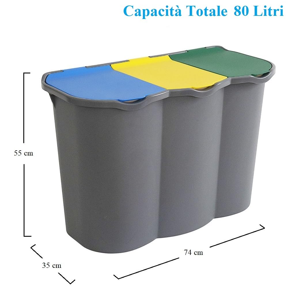 PALUPLUS Pattumiera a 3 Scomparti per Raccolta Differenziata, misura 74x35x55 e Capacità 80 Litri, Anelli Ferma Sacchetto, Secchio per Spazzatura con Coperchi Azzurro, Giallo e Verde -9606