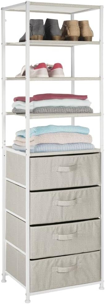 mDesign Vertical Dresser Storage Tower - Sturdy Steel Frame, Easy Pull Fabric Bins - Organizer Unit for Bedroom, Hallway, Entryway, Closets - Textured Print - 4 Drawers - 4 Shelves - Linen/Tan