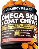 Omega 3 & 6 Dog Skin & Coat Chews – PhD-Endorsed Formula with Wild Salmon Oil, Biotin, Zinc & Vitamin E – Supports Dry Itchy Skin, Shedding & Healthy Coat – Tasty Salmon Flavor, 140 Chews, Made in USA