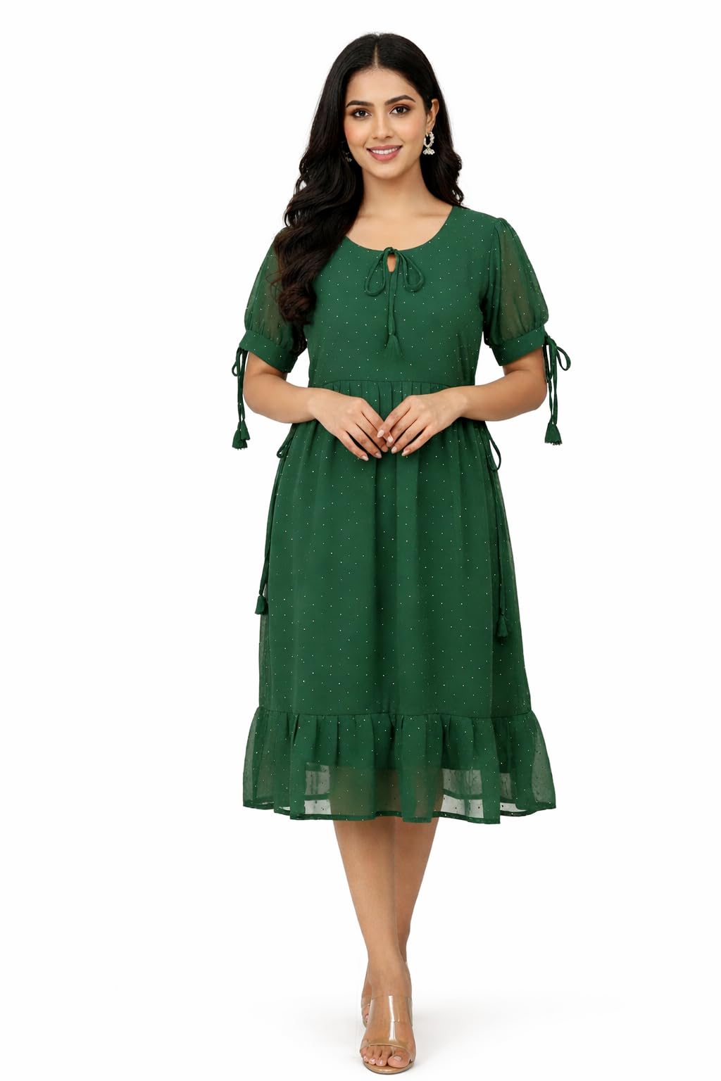 Women's Green Midi Dress, Sequin Embellished, Tie-Up Neck, Puff Sleeves with Tassel Detail, Ruffle Hem-image-3