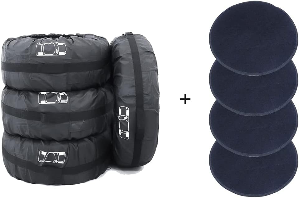 FLR 4 Pcs Black Tire Cover 66cm/26in Diameter Foldable Spare Tire Covers with 4 Pcs Wheel Felts Protection Covers Storage Bags Wheel Cover for Car Off Road Truck