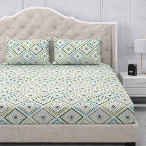 Image of 300 TC Cotton Feel Glace Cotton Elastic Fitted Bedsheet for King Size Double Bed | Fits up to 8 Inch Mattress | Printed Bedsheet with 2 Pillow Covers (Emerald, King Size - 72 inchx78 inch)
