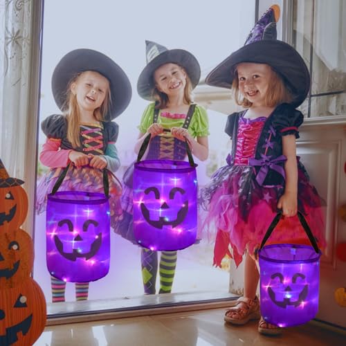 VEYLIN Light Up Halloween Candy Bags,2 Pieces Purple Light Up Halloween Party Gift Bags Trick Or Treat Bags Candy Bucket Party Supplies Gift Bags for Kids - Image 6