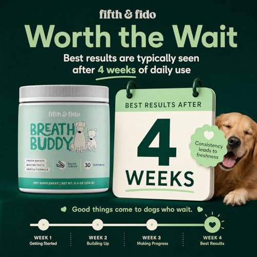 Image of Breath Buddy Dog Dental Powder for Teeth Cleaning - Cat & Dog Breath Freshener, Helps Remove Plaque & Tartar, Gentle Formula for Sensitive Stomachs, Natural Ingredients, USA Made
