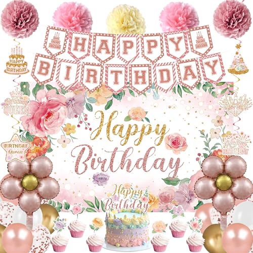 Holkcog Flower Birthfday Party Decorations for Girl Pink Florals Ballons Banner Background Cake Tppper Garden Tea Party Banner Supply Rose Gold 16th 21st 30th 40th 50th 60th 70th Party Decor
