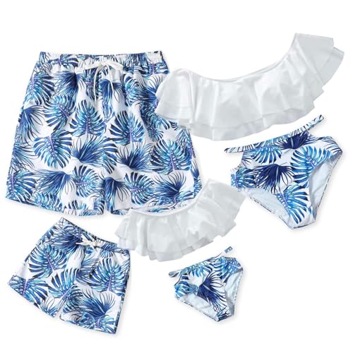Image of IFFEI Family Matching Swimsuits Off Shoulder Two Piece Womens Bikini Sets Mens Swim Trunks Mommy and Me Bathing Suit White-Blue Women: Medium