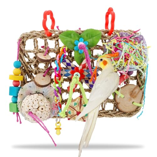 Hypeety Bird Toys Parrot Foraging Toys Bird Chew Toys Parakeet Shredding Seagrass Climbing Mat with Various Toys for Conure, Cockatiel, Lovebird, Parakeet, Budgie (M(Solla Ball))