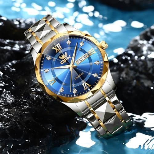 Image of OPK Watches for Men Diamond Roman Analog Mens Watches Waterproof Large Stainless Steel Men Wrist Watch Business Father Gift Watch Blue