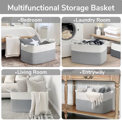 Goodpick Large Toy Storage Basket, Grey Cotton Rope Baskets Toy Storage Bin for Baby, Kids, Woven Storage Basket with Handle for Laundry, Living Room, Nursery, Bedroom, 21.6" x 14.9" x 11.8"
