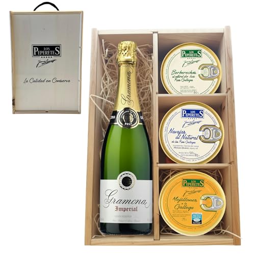 LOS PEPERETES Pack Gourmet Marisco Gallego con Cava Gramona Imperial | x2 Berberechos al Natural · x2 Navajas al Natural · x2 Mejillones a la Gallega | Estuche Lote Delicatessen Premium Latas Conserva