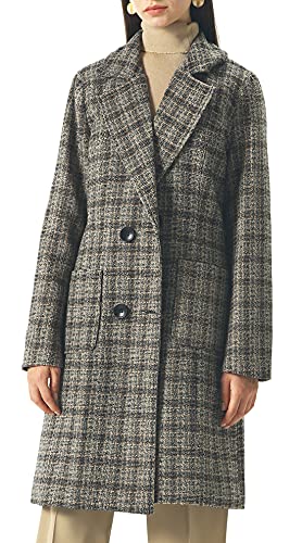Image of chouyatou Women Elegant Notched Collar Double Breasted Wool Blend Over Coat (X-Large, Coffee-Plaid)