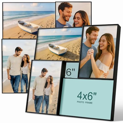 JingImage 6x4 Black Multi Photo Frames 4 Opening Collage Picture Frame for 4x6 inch Photos 10x15 cm Small Family Frames Plastic and Plexiglass Tabletop and Wall Mounting Set of 2
