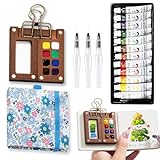 MUZMDNI Mini Portable Watercolor Palette Set-Grid Paint Box with Binder Clips Include 12 Colors Paint - Brush*3 and Picture Album Art Materials Coloring Markers for Travel, Creative Drawing Kit for Beginners and Art Enthusiasts((Blue Wood-S)