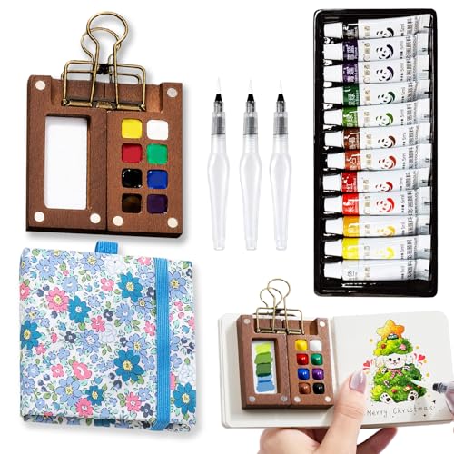MUZMDNI Mini Portable Watercolor Palette Set-Grid Paint Box with Binder Clips Include 12 Colors Paint - Brush*3 and Picture Album Art Materials Coloring Markers for Travel Creative Drawing Kit for Beginners and Art Enthusiasts((Blue Wood-S)