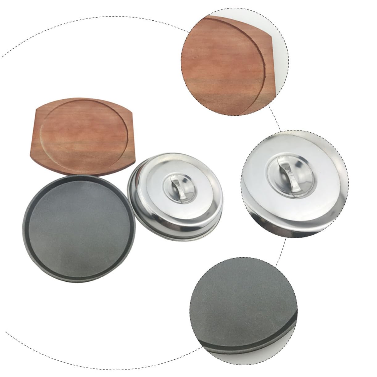 OUNONA Grillplatte Runde Antihaft aus Metall mit Holzbrett und Deckel Stab Resistant Oberfläche für Westliche Speisen und Grillgerichte