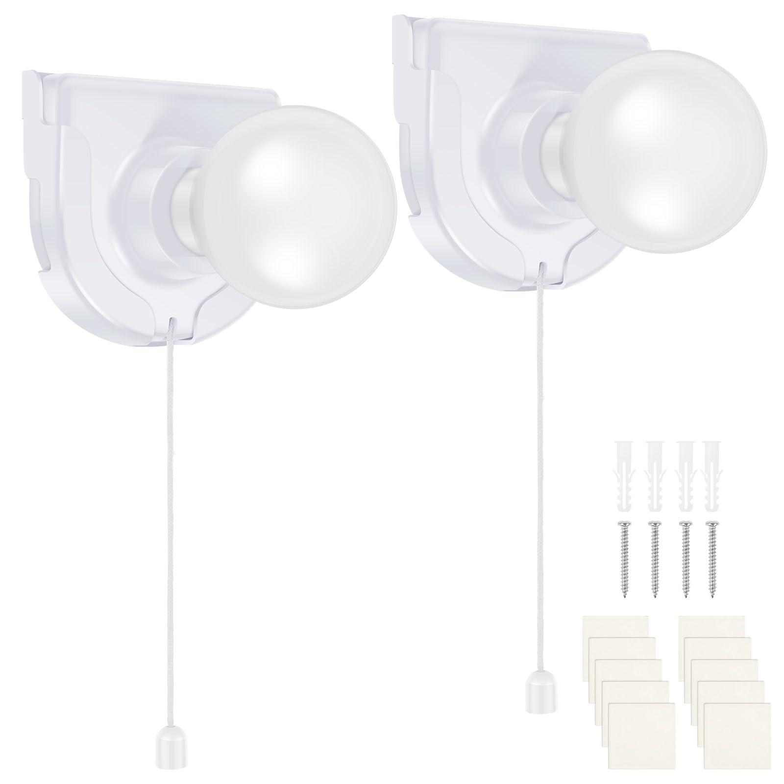 OPFYWF 2 Pack Battery Operated Light Bulb Stick Up Battery Powered Wireless LED Closet Light Bulbs Self Adhesive Wall Mounted Fixture with Pull Chain for Cabinet Bedroom Living Room Kitchen