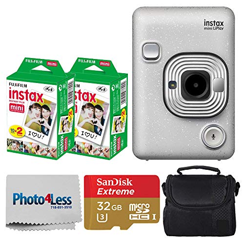 Fujifilm Instax Mini LiPlay Hybrid Instant Camera (Stone White) + Fujifilm Instax Instant Film (40 Shots) + 32GB mciroSDHC Memory Card + Camera/Video Case + Photo4Less Cleaning Cloth â€“ Deluxe Bundle